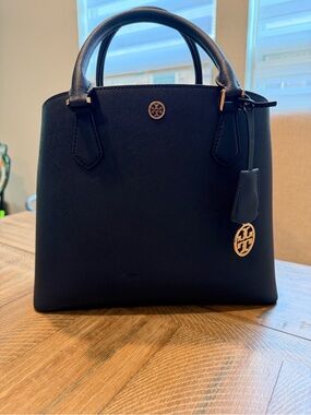 Tory Burch Navy Saffiano Double-Handle Satchel with Gold Logo Charm